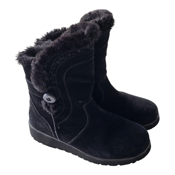 Skechers Wedge Boots Women's 6.5 Black Keepsakes Cozy Fur Ankle Exellent Suede - Picture 1 of 16